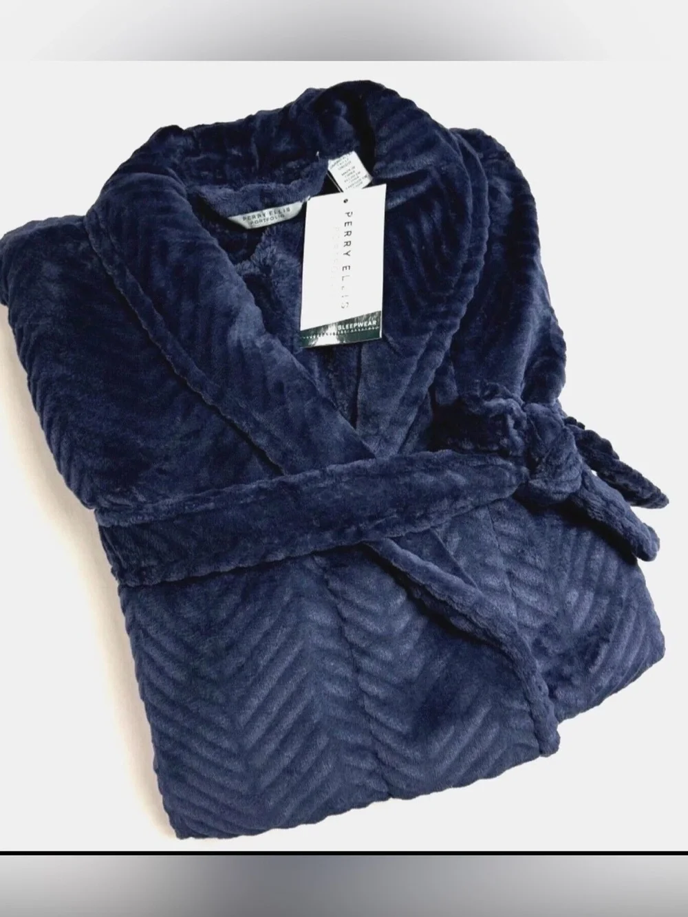 Perry Ellis Men's Herringbone Textured Soft Fleece Robe Navy Blue NEW O/S